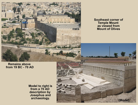 The south wall of the Jerusalem Temple Mount as it looks today compared with a model of the way it looked in 66 AD. 